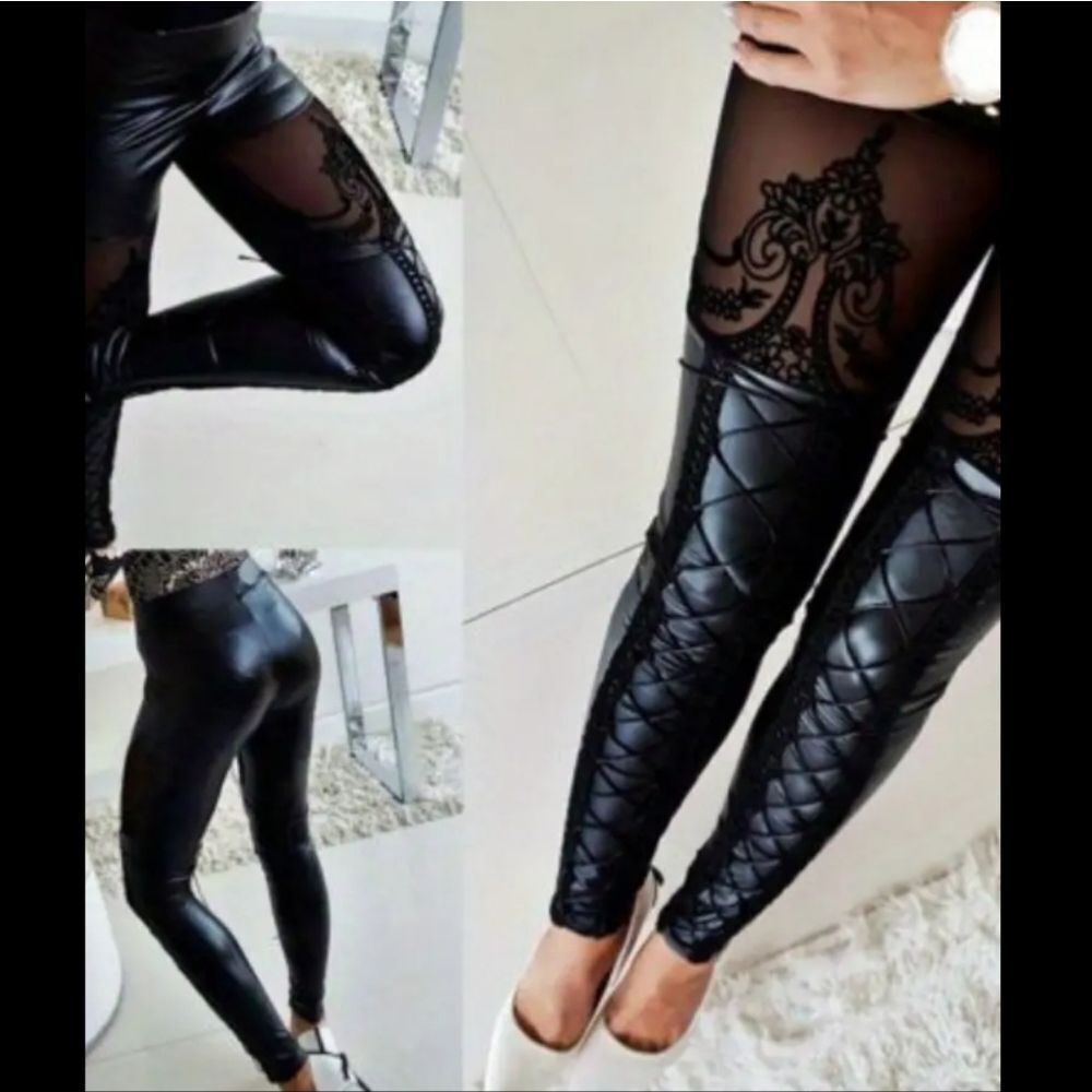 Ladies Elegant Black Lace Panel Leggings Sz Large - Picture 5 of 12